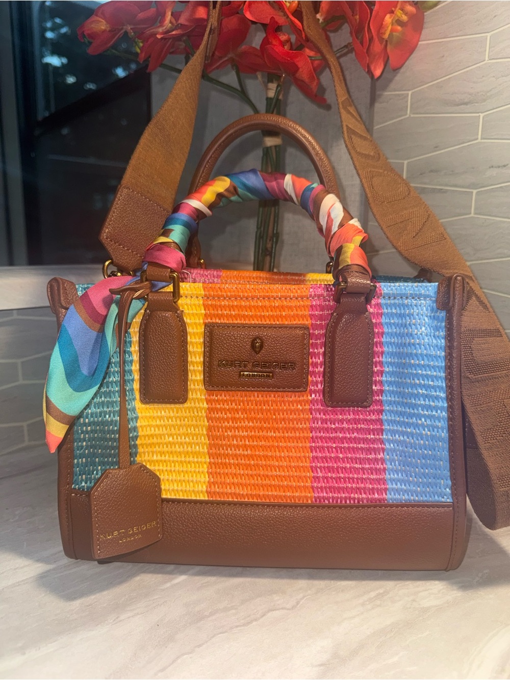 Like NEW Kurt Geiger Multicolor Woven Satchel Bag Scarf Wrapped Strap&Crossbody